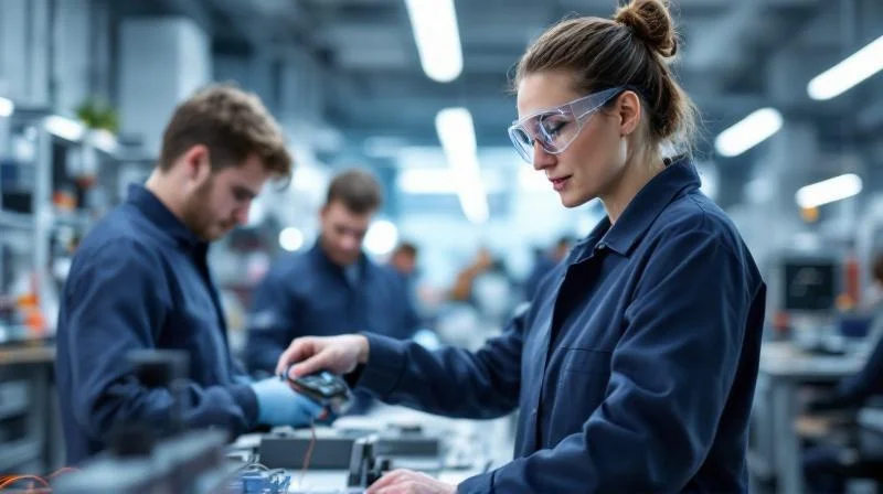 Ausbilder in einem Hildesheimer Elektronik-Unternehmen unterweist Auszubildende an einer Testbank