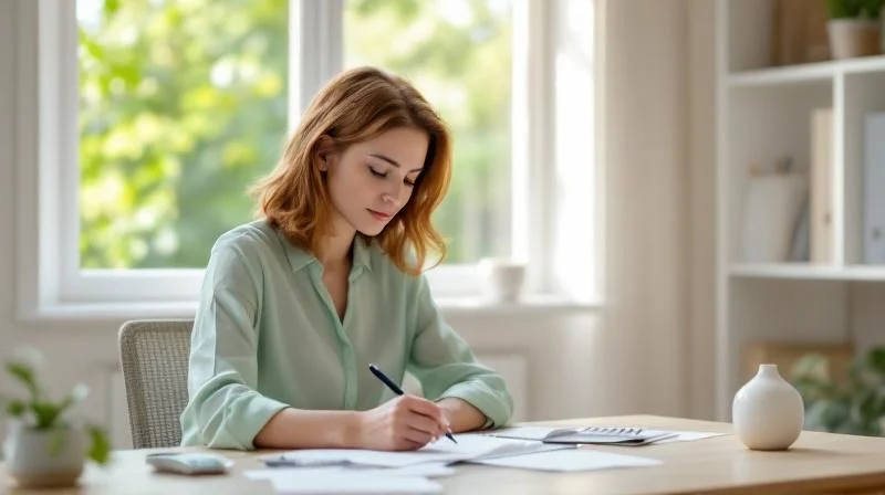 Frau sitzt in einem hellen Raum in Hildesheim und bereitet sich auf ein Beratungsgespraech vor