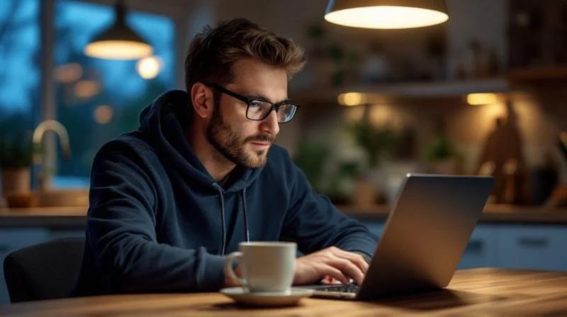 Mann lernt abends am Laptop fuer seine IHK-Fortbildung in Hildesheim