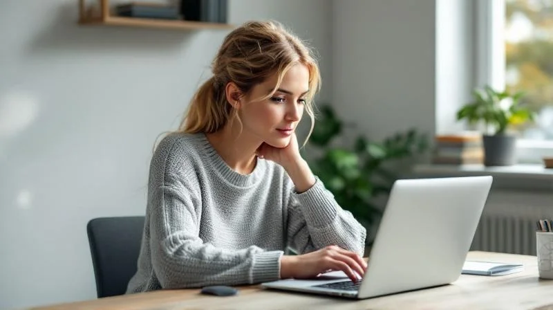 Frau arbeitet konzentriert am Laptop in einem hellen Buero in Hildesheim