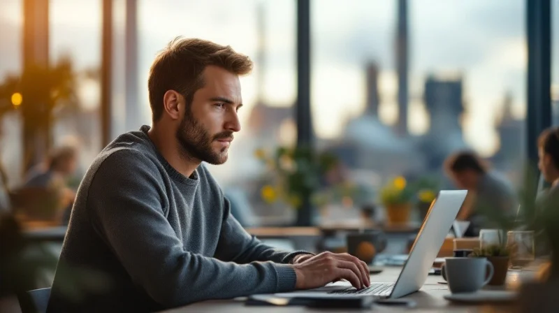 Hildesheimer Angestellter im Büro mit Laptop, im Hintergrund Industriekulisse mit Bosch-Werk