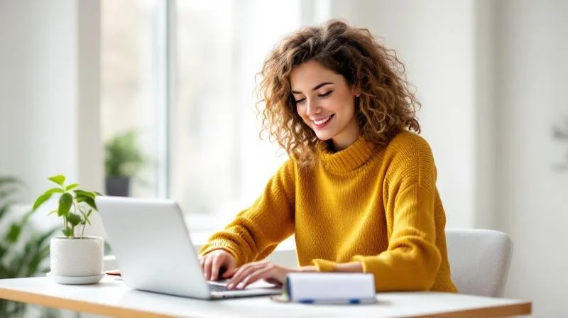 Frau am Laptop in einem hellen Buero in Hildesheim lernt KI-Grundlagen