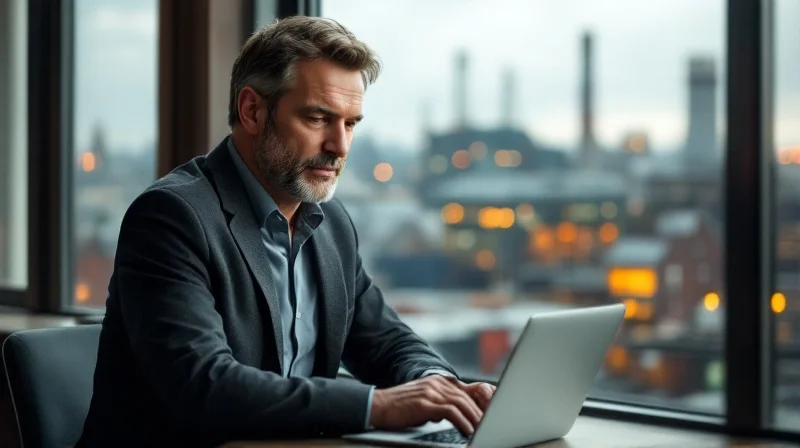 Geschäftsführer im Hildesheimer Industriebüro mit Blick auf Bosch-Werk im Hintergrund