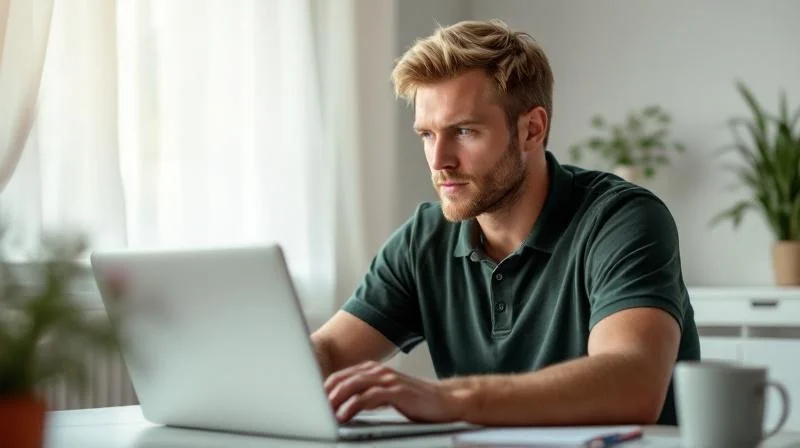 Mann in einem hellen Homeoffice in Hildesheim arbeitet konzentriert am Laptop an einer Online-Weiterbildung