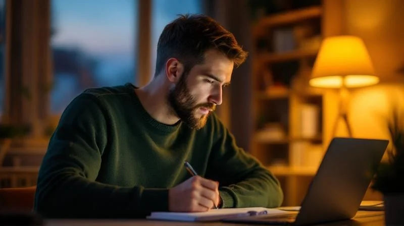 Mann lernt abends am Schreibtisch fuer den Wirtschaftsfachwirt in Hildesheim